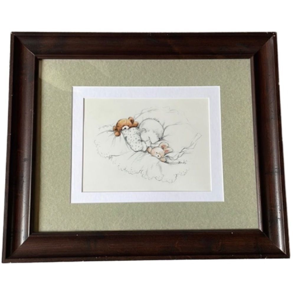 Vintage Maki “Baby & Bears” Pencil Art Print in Dark Wooden Frame  (20.5”x24.5”)